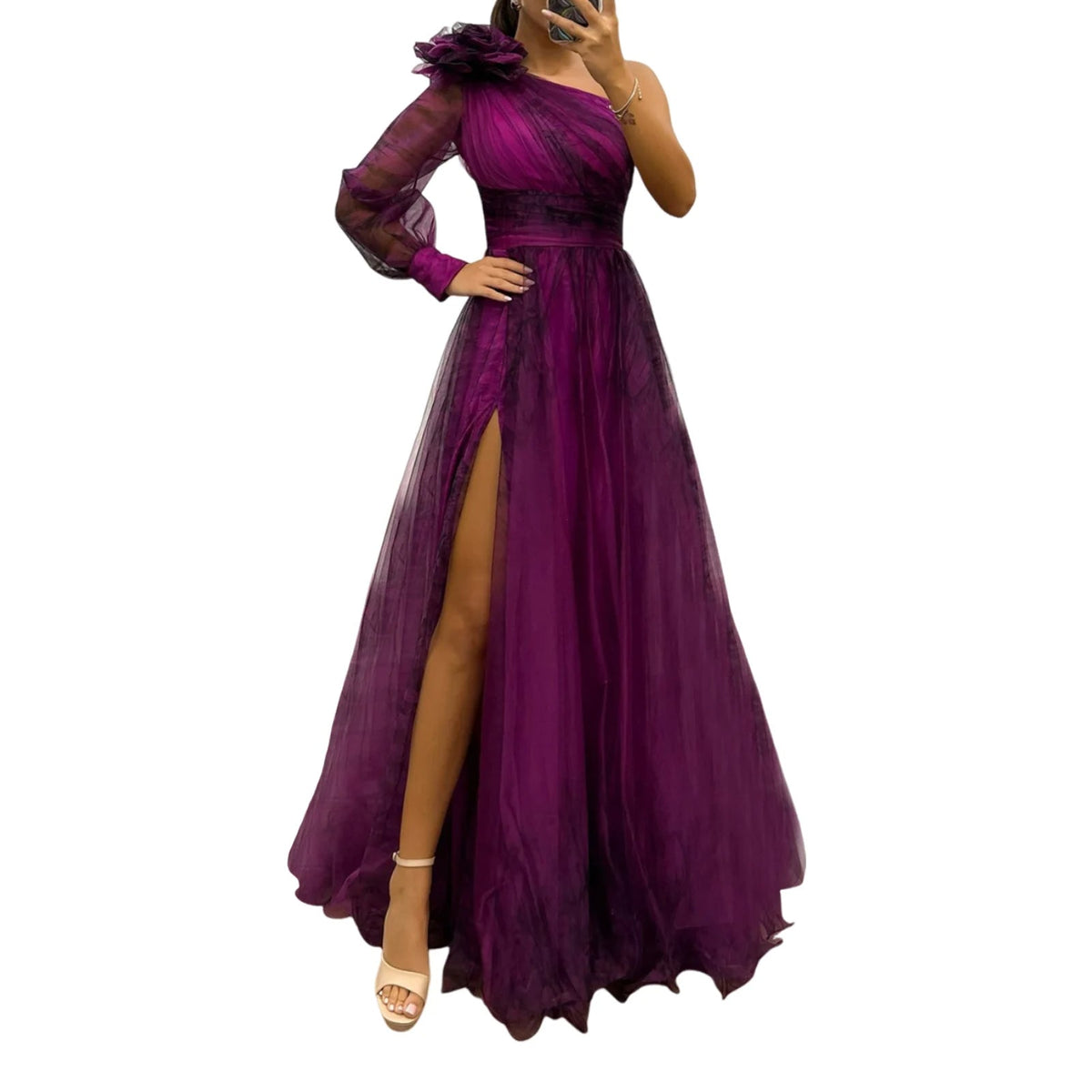Elegant Women’s Off-Shoulder Maxi Dress – Pleated Lantern Sleeves, Split Hem, Rhinestone Waist Party Dress for Formal Occasions