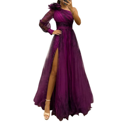 Elegant Women’s Off-Shoulder Maxi Dress – Pleated Lantern Sleeves, Split Hem, Rhinestone Waist Party Dress for Formal Occasions