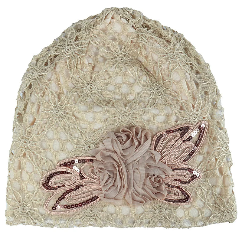 Women Lace Turban Cap for Women – Thin, Elegant Muslim Beanie with Sequin Flower, Chemo Bonnet for Hair Loss, Spring & Summer Headscarf