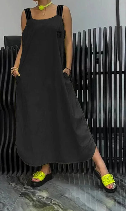 Women’s U-Neck Summer Maxi Dress – Casual Loose Sleeveless Pullover with Striped Straps, Flowy Hem, and Convenient Pockets for Breezy Everyday Style