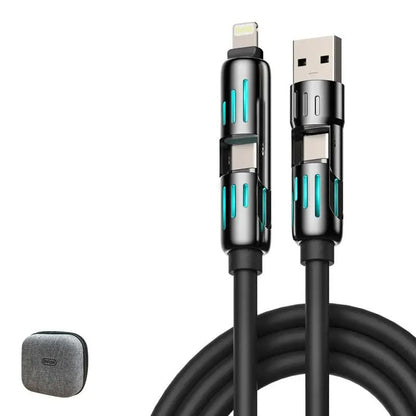 Multi-functional USB Cable with Breathing Light- 4-in-1 High Speed 240W Charging & Sync for iPhone, iPad, Type C, and USB-A Devices