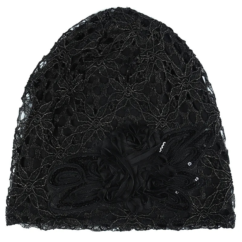Women Lace Turban Cap for Women – Thin, Elegant Muslim Beanie with Sequin Flower, Chemo Bonnet for Hair Loss, Spring & Summer Headscarf