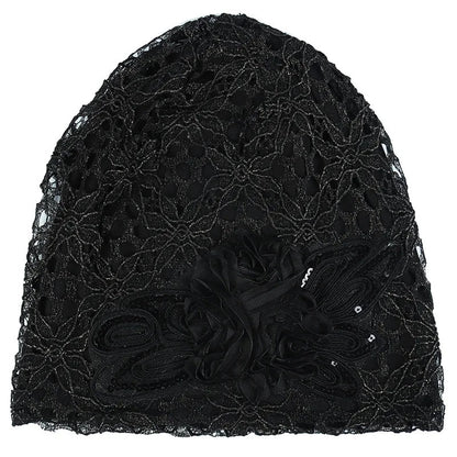 Women Lace Turban Cap for Women – Thin, Elegant Muslim Beanie with Sequin Flower, Chemo Bonnet for Hair Loss, Spring & Summer Headscarf