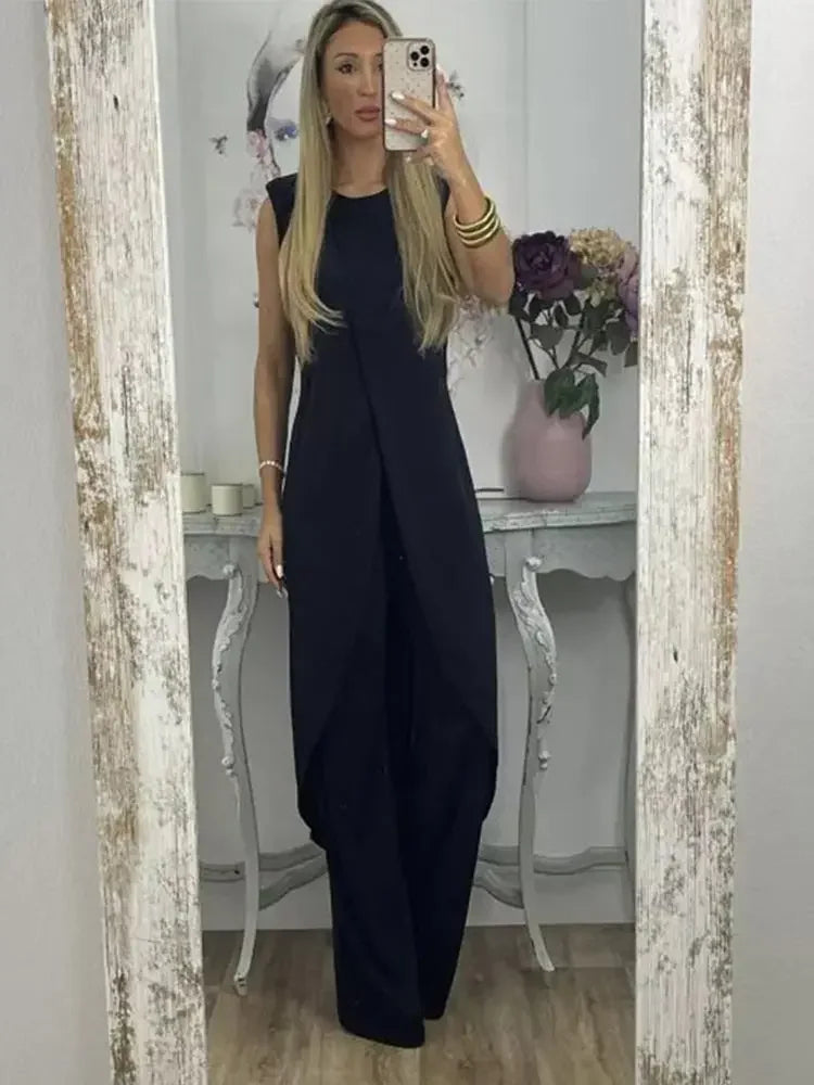 Casual Two-Piece Women’s Set – Sleeveless Round-Neck Top with Loose Pants for Chic 2023 Elegant Lady Summer Outfit Look