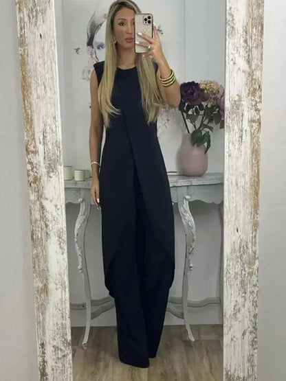 Casual Two-Piece Women’s Set – Sleeveless Round-Neck Top with Loose Pants for Chic 2023 Elegant Lady Summer Outfit Look