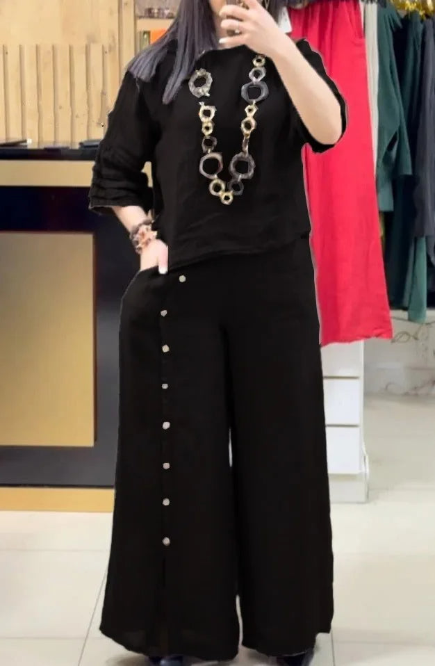 Women’s Loose Two-Piece Summer Set – Casual Button Shirt with 3/4 Sleeves and Slit Wide-Leg Pants for Effortless 2025 Style and Relaxed Elegance
