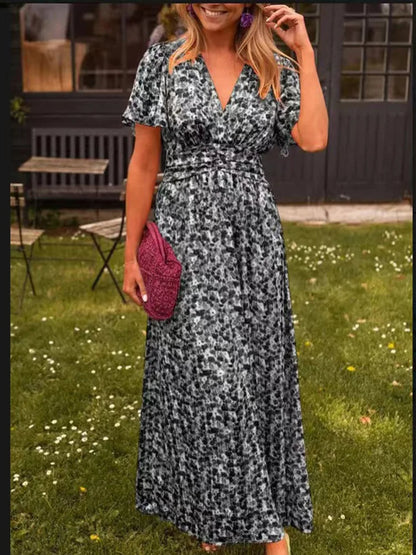 Summer Floral V-Neck Maxi Dress – Short Sleeve Elegant Office Dress, Casual Beachwear for Women’s Daily or Vacation Look