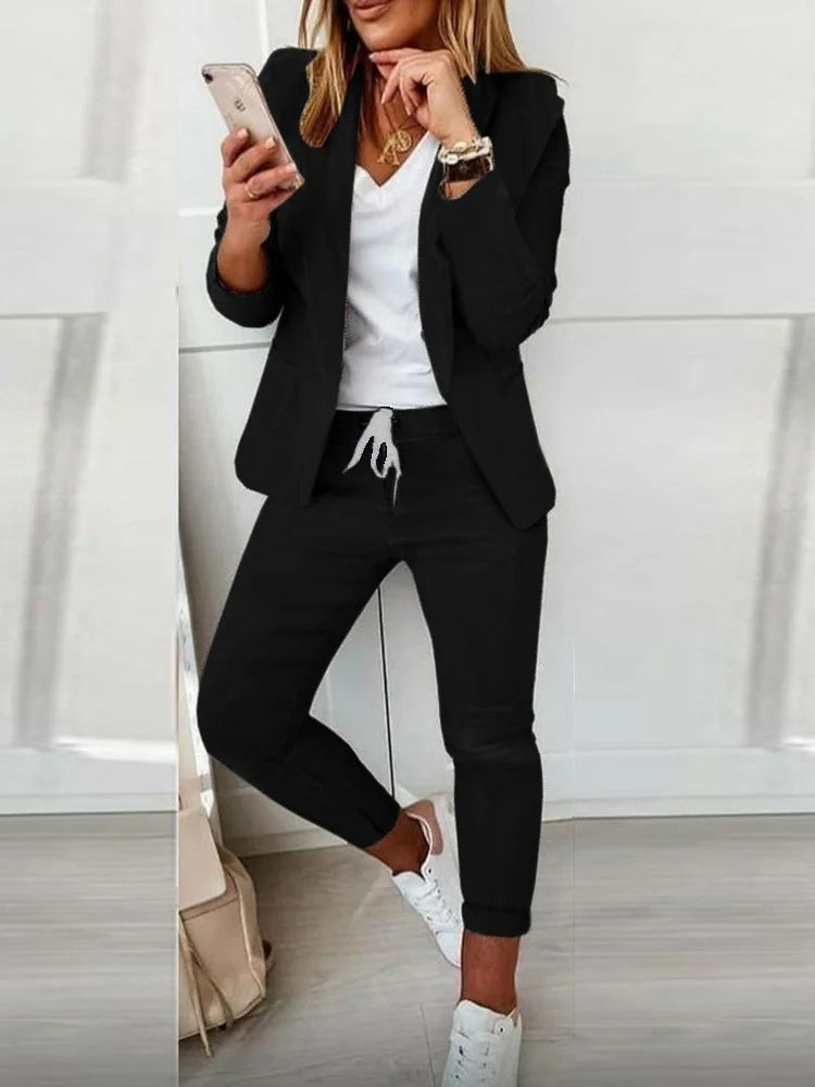 Women’s Two-Piece Lace-Up Office Set – Elegant Matching Suit with Tie Top and Pants for Business Chic Looks