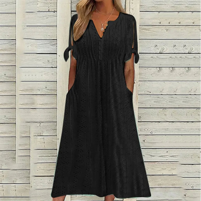 White Hollow Out A Long Dress – Lace Tie Chic Summer Maxi Dress with High Waist and V-Neck for Beach and Elegant Evenings