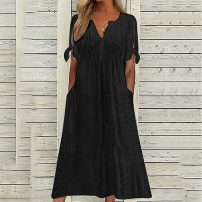 White Hollow Out A Long Dress – Lace Tie Chic Summer Maxi Dress with High Waist and V-Neck for Beach and Elegant Evenings