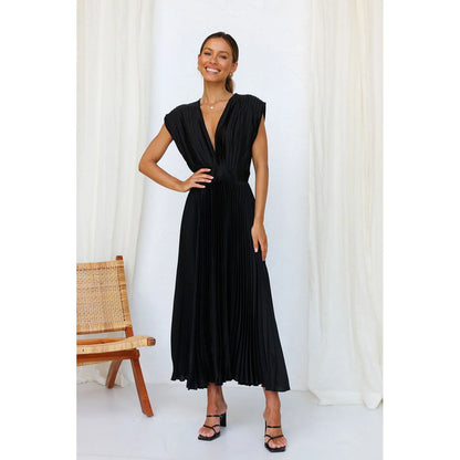Women’s Sexy Pleated Summer Dress – Slimming French-Inspired V-Neck Long Dress with Zipper Closure, Flowy & Flattering Fit