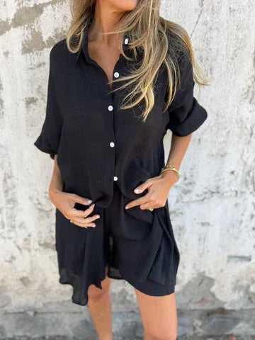 Women's Elegant Two-Piece Set - Loose Black Shirt with Matching Cardigan Shorts Suit for Trendy Spring/Summer Street Style