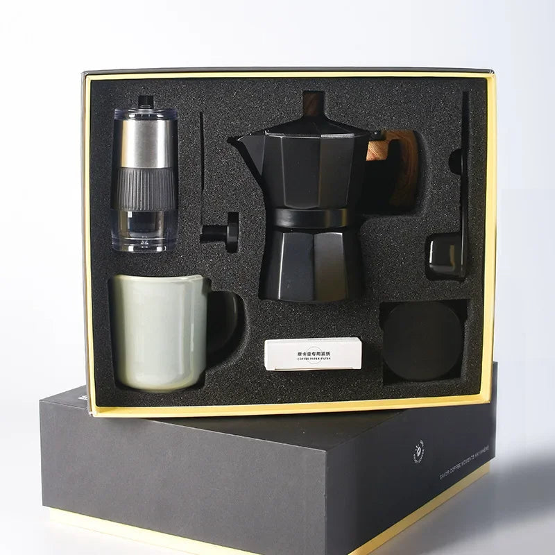 Six Pieces Manual Coffee Maker Gift Set – Moka Pot with Grinder, Cup, Bean Jar, Filter Paper, Spoon, and Brush for Home Brewing Lovers