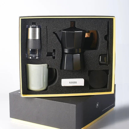 Six Pieces Manual Coffee Maker Gift Set – Moka Pot with Grinder, Cup, Bean Jar, Filter Paper, Spoon, and Brush for Home Brewing Lovers