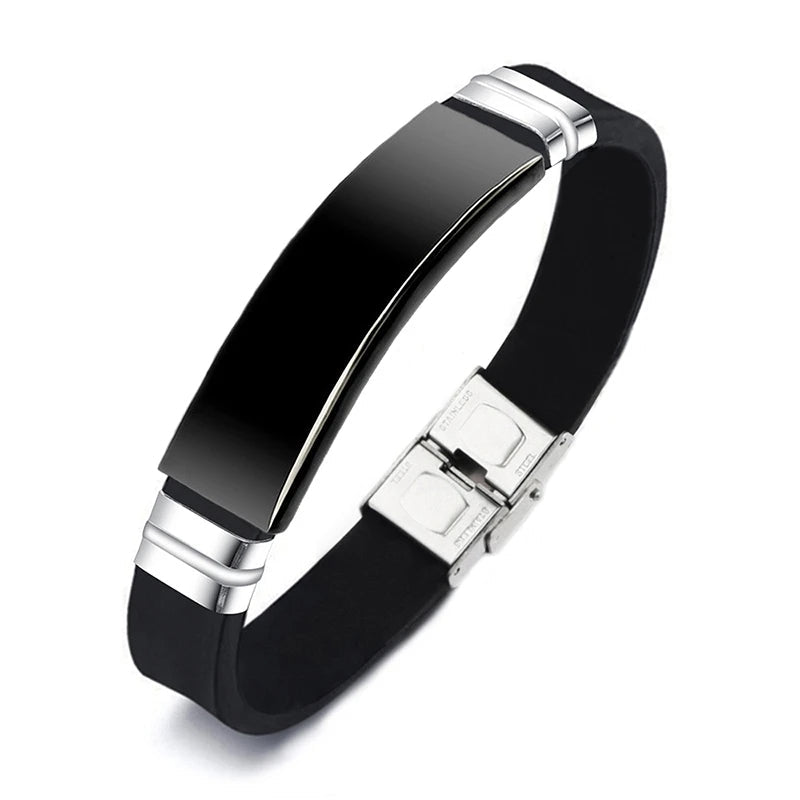 Black Silicone Sports Bracelet - Blank Adjustable Stainless Steel Bangle for Women's Fitness, Casual & Custom Jewelry Style