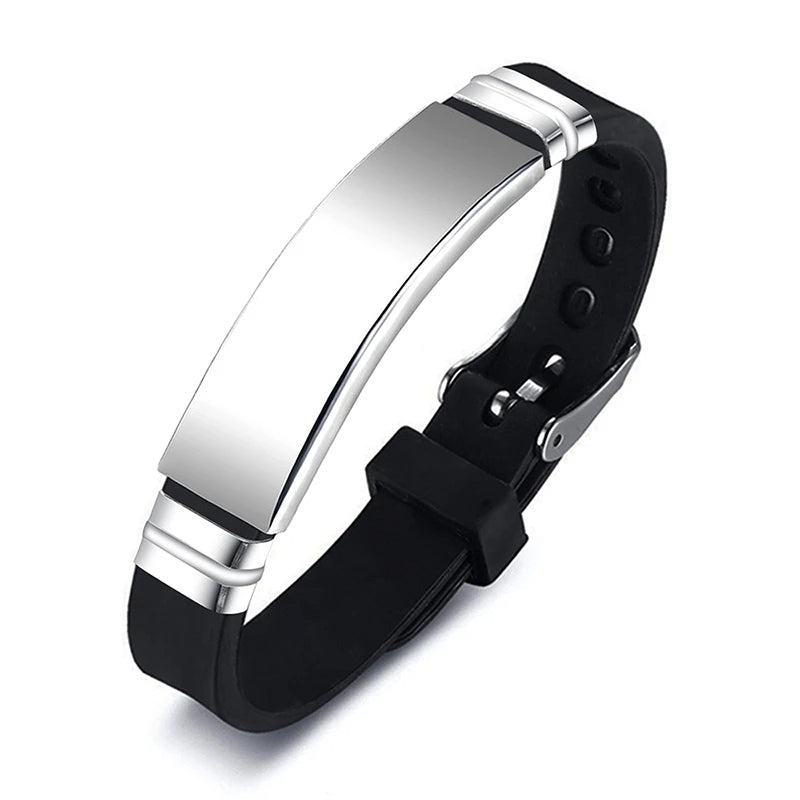 Black Silicone Sports Bracelet - Blank Adjustable Stainless Steel Bangle for Women's Fitness, Casual & Custom Jewelry Style