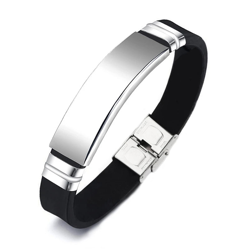 Black Silicone Sports Bracelet - Blank Adjustable Stainless Steel Bangle for Women's Fitness, Casual & Custom Jewelry Style