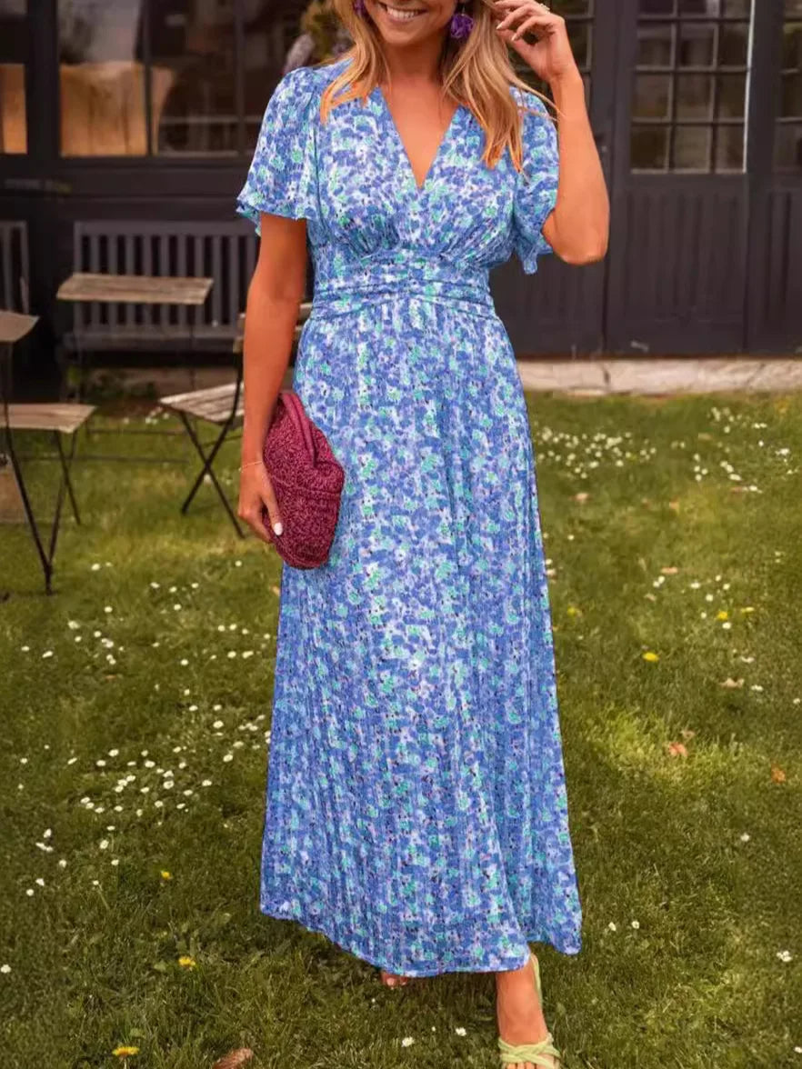 Summer Floral V-Neck Maxi Dress – Short Sleeve Elegant Office Dress, Casual Beachwear for Women’s Daily or Vacation Look
