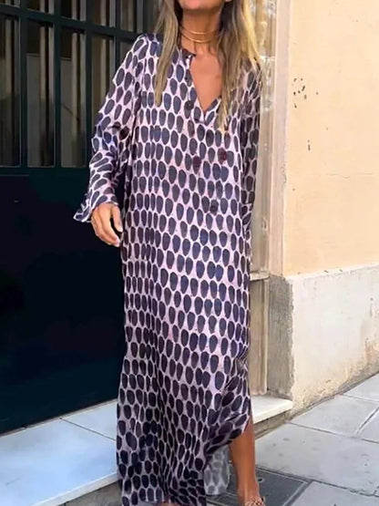 Floral Geometric Split Dress – Women’s Summer Long Sleeve V-Neck Ankle-Length Print Dress for Casual Fashion and Comfortable Elegance