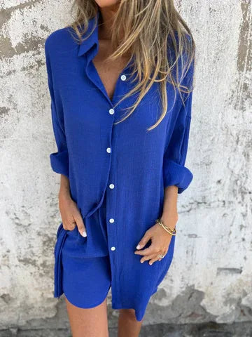 Women's Elegant Two-Piece Set - Loose Black Shirt with Matching Cardigan Shorts Suit for Trendy Spring/Summer Street Style