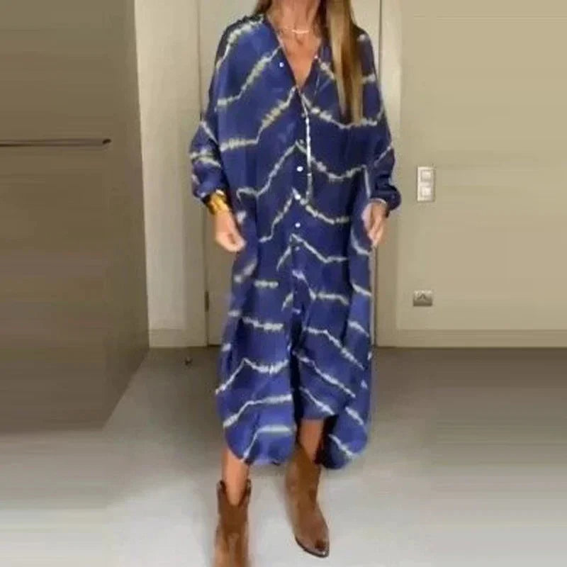 Boho Beach Holiday Maxi Dress for Women – V-Neck Summer Cardigan Style with Pockets, Loose Fit, and Elegant Printed Design for Casual Parties
