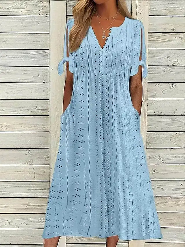 White Hollow Out A Long Dress – Lace Tie Chic Summer Maxi Dress with High Waist and V-Neck for Beach and Elegant Evenings