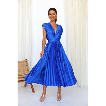 Women’s Sexy Pleated Summer Dress – Slimming French-Inspired V-Neck Long Dress with Zipper Closure, Flowy & Flattering Fit