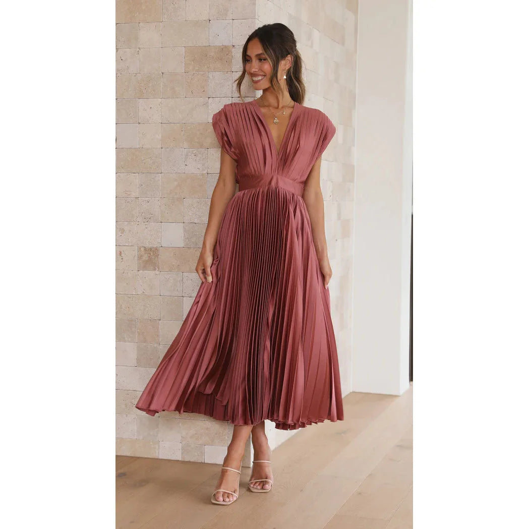 Women’s Sexy Pleated Summer Dress – Slimming French-Inspired V-Neck Long Dress with Zipper Closure, Flowy & Flattering Fit