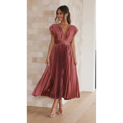 Women’s Sexy Pleated Summer Dress – Slimming French-Inspired V-Neck Long Dress with Zipper Closure, Flowy & Flattering Fit