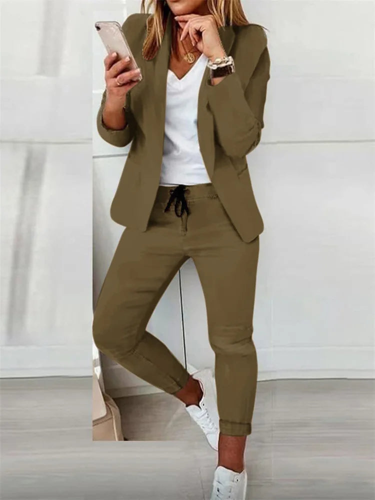 Women’s Two-Piece Lace-Up Office Set – Elegant Matching Suit with Tie Top and Pants for Business Chic Looks