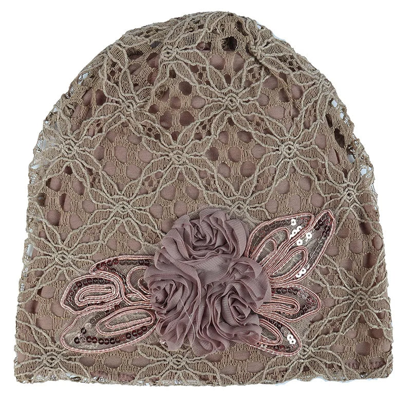 Women Lace Turban Cap for Women – Thin, Elegant Muslim Beanie with Sequin Flower, Chemo Bonnet for Hair Loss, Spring & Summer Headscarf
