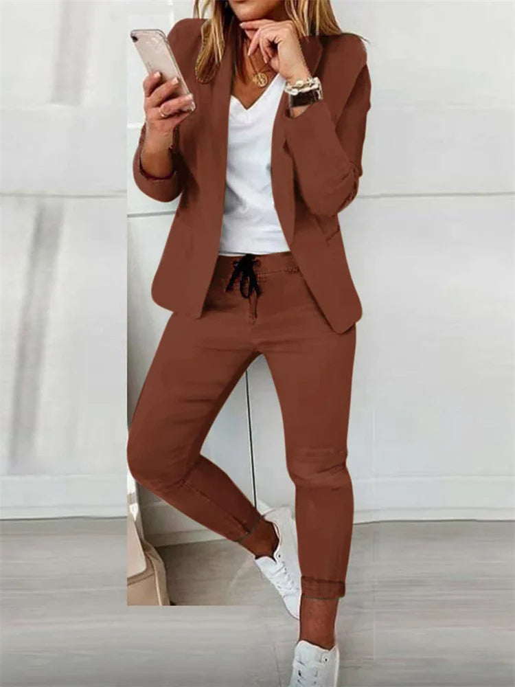 Women’s Two-Piece Lace-Up Office Set – Elegant Matching Suit with Tie Top and Pants for Business Chic Looks