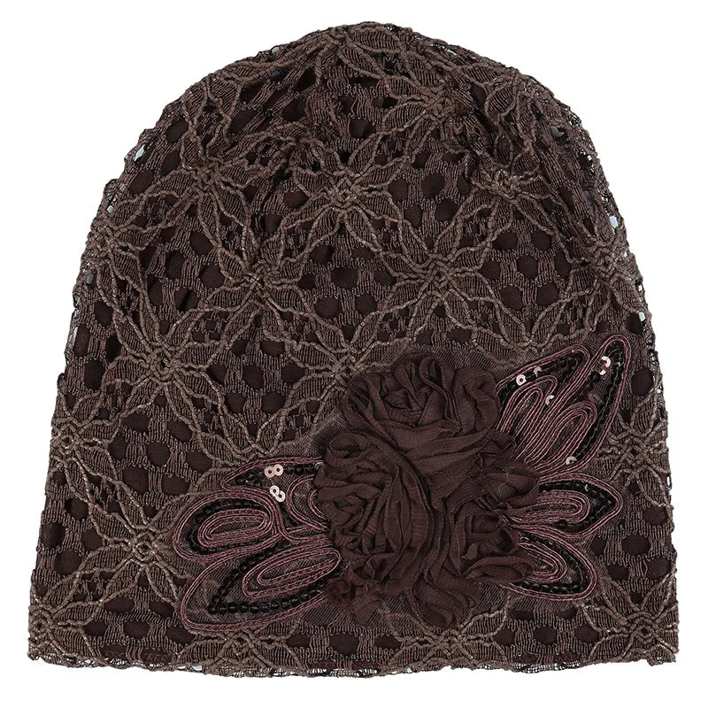 Women Lace Turban Cap for Women – Thin, Elegant Muslim Beanie with Sequin Flower, Chemo Bonnet for Hair Loss, Spring & Summer Headscarf