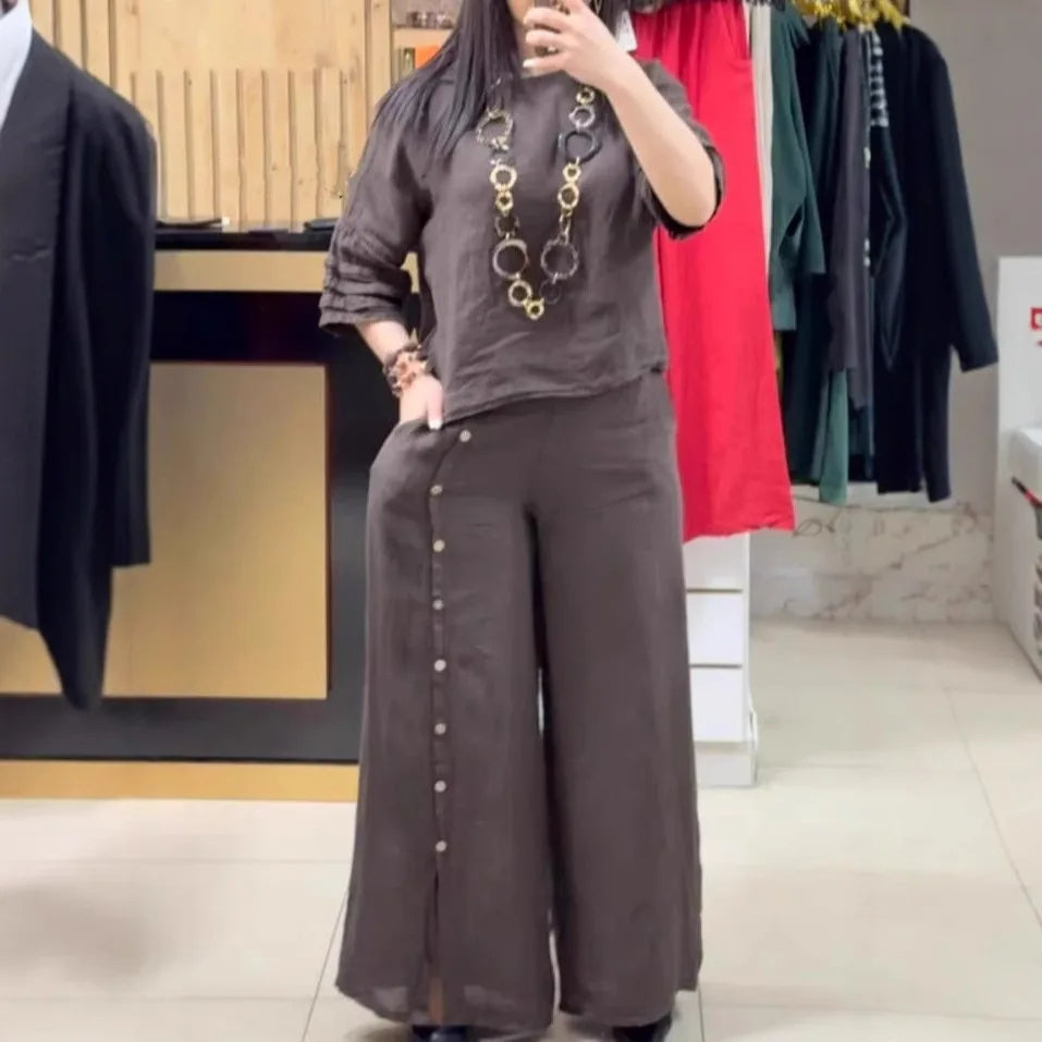 Women’s Loose Two-Piece Summer Set – Casual Button Shirt with 3/4 Sleeves and Slit Wide-Leg Pants for Effortless 2025 Style and Relaxed Elegance