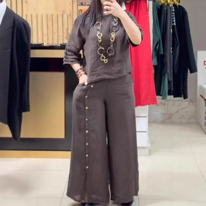 Women’s Loose Two-Piece Summer Set – Casual Button Shirt with 3/4 Sleeves and Slit Wide-Leg Pants for Effortless 2025 Style and Relaxed Elegance