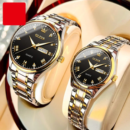 Luxury Couple Watches – Stainless Steel Waterproof Timepieces for Men & Women, Romantic Gift Set with Matching Elegant Style