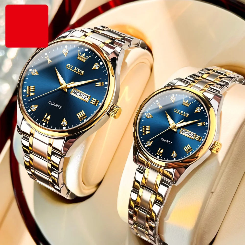 Luxury Couple Watches – Stainless Steel Waterproof Timepieces for Men & Women, Romantic Gift Set with Matching Elegant Style