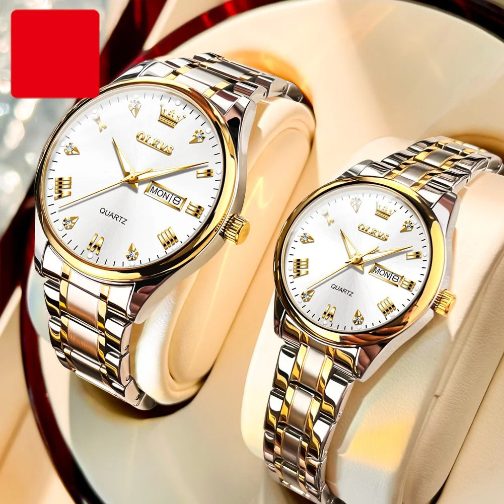 Luxury Couple Watches – Stainless Steel Waterproof Timepieces for Men & Women, Romantic Gift Set with Matching Elegant Style