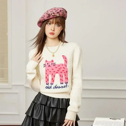 Autumn/Winter Cat Pattern Jacquard Sweater – Slim-Fit Short Pullover for Women with Playful Leg Cartoon Print, Cozy Seasonal Knit Style
