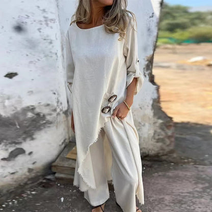 Women’s Casual Spring Summer Pants Set – Elegant Loose-Fit Pullover with Irregular Neck and Wide-Leg Pants for Effortless Everyday Sophistication