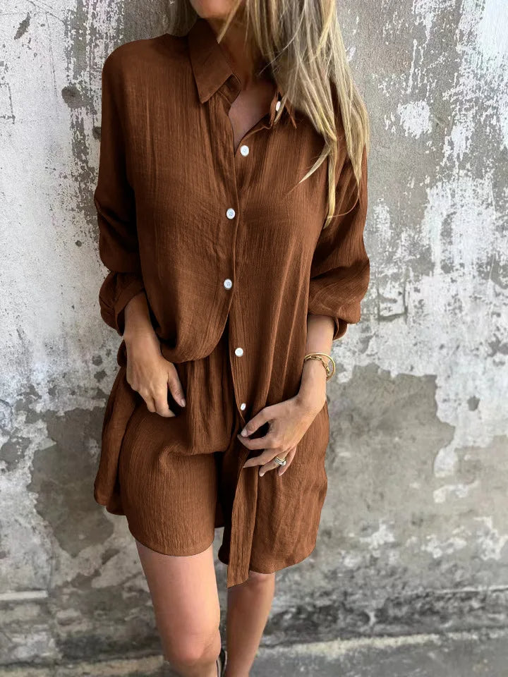 Women's Elegant Two-Piece Set - Loose Black Shirt with Matching Cardigan Shorts Suit for Trendy Spring/Summer Street Style