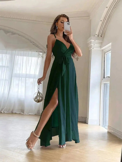 Unithorse Solid Criss Cross Belted Chiffon Dress – Elegant Flowy V-Neck Fit for Chic Summer Days and Effortless Style