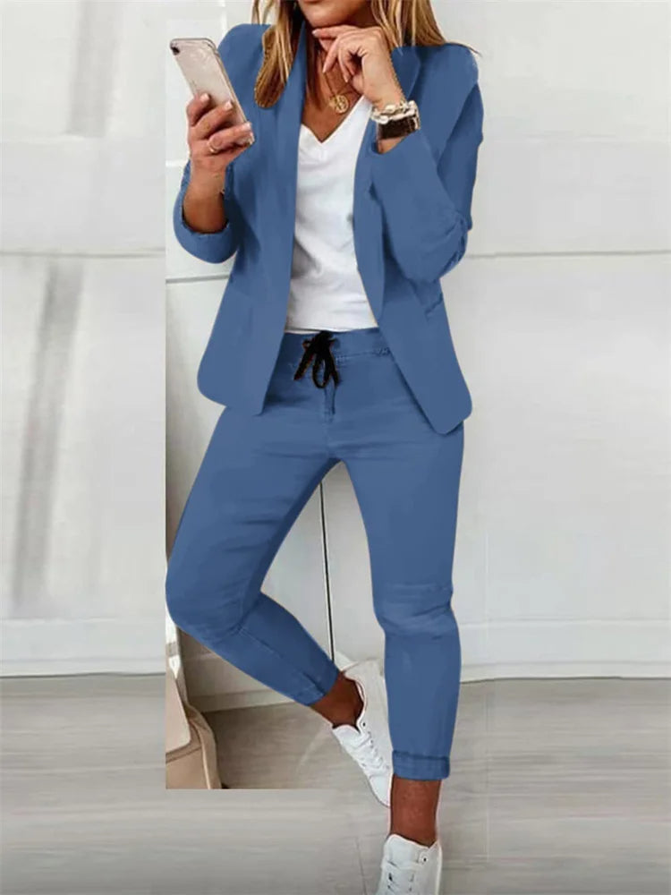 Women’s Two-Piece Lace-Up Office Set – Elegant Matching Suit with Tie Top and Pants for Business Chic Looks