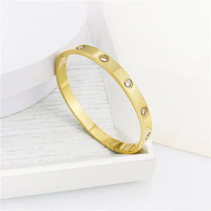 Zircon Cross Nut Nail Bracelet - Gold Screw-Style Stainless Steel Bangle for Edgy Glam