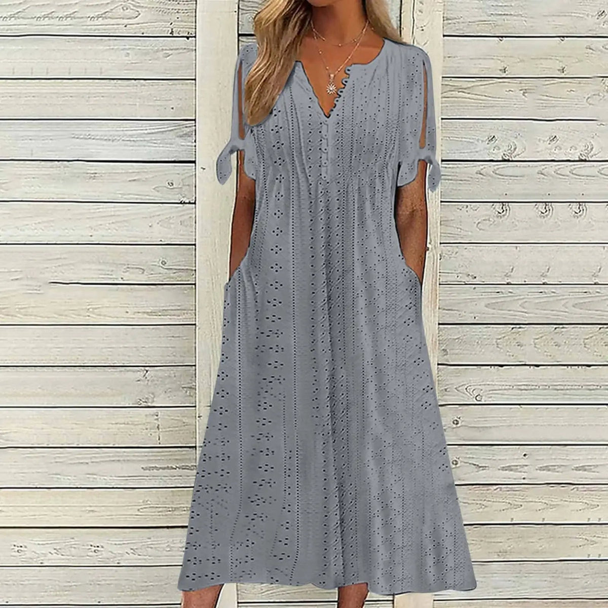 White Hollow Out A Long Dress – Lace Tie Chic Summer Maxi Dress with High Waist and V-Neck for Beach and Elegant Evenings