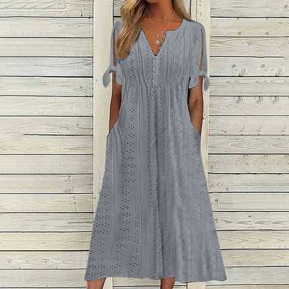 White Hollow Out A Long Dress – Lace Tie Chic Summer Maxi Dress with High Waist and V-Neck for Beach and Elegant Evenings