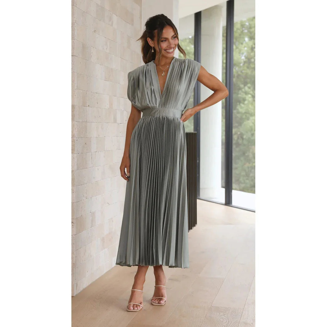 Women’s Sexy Pleated Summer Dress – Slimming French-Inspired V-Neck Long Dress with Zipper Closure, Flowy & Flattering Fit