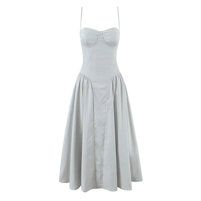 Green Floral Midi Dress – Sexy Low Waist Spaghetti Strap A-Line Summer Dress for Beach Holidays and 2025 Parties