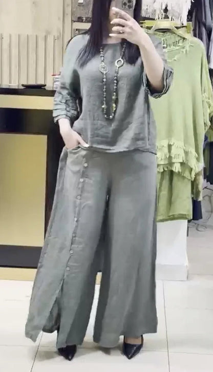 Women’s Loose Two-Piece Summer Set – Casual Button Shirt with 3/4 Sleeves and Slit Wide-Leg Pants for Effortless 2025 Style and Relaxed Elegance