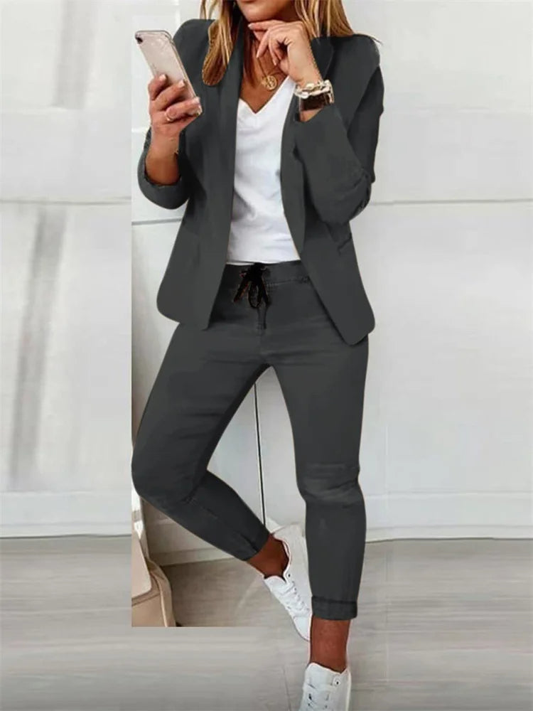Women’s Two-Piece Lace-Up Office Set – Elegant Matching Suit with Tie Top and Pants for Business Chic Looks